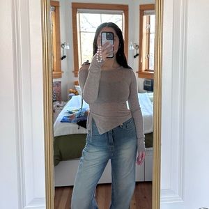 light brown sheer asymmetrical bow top